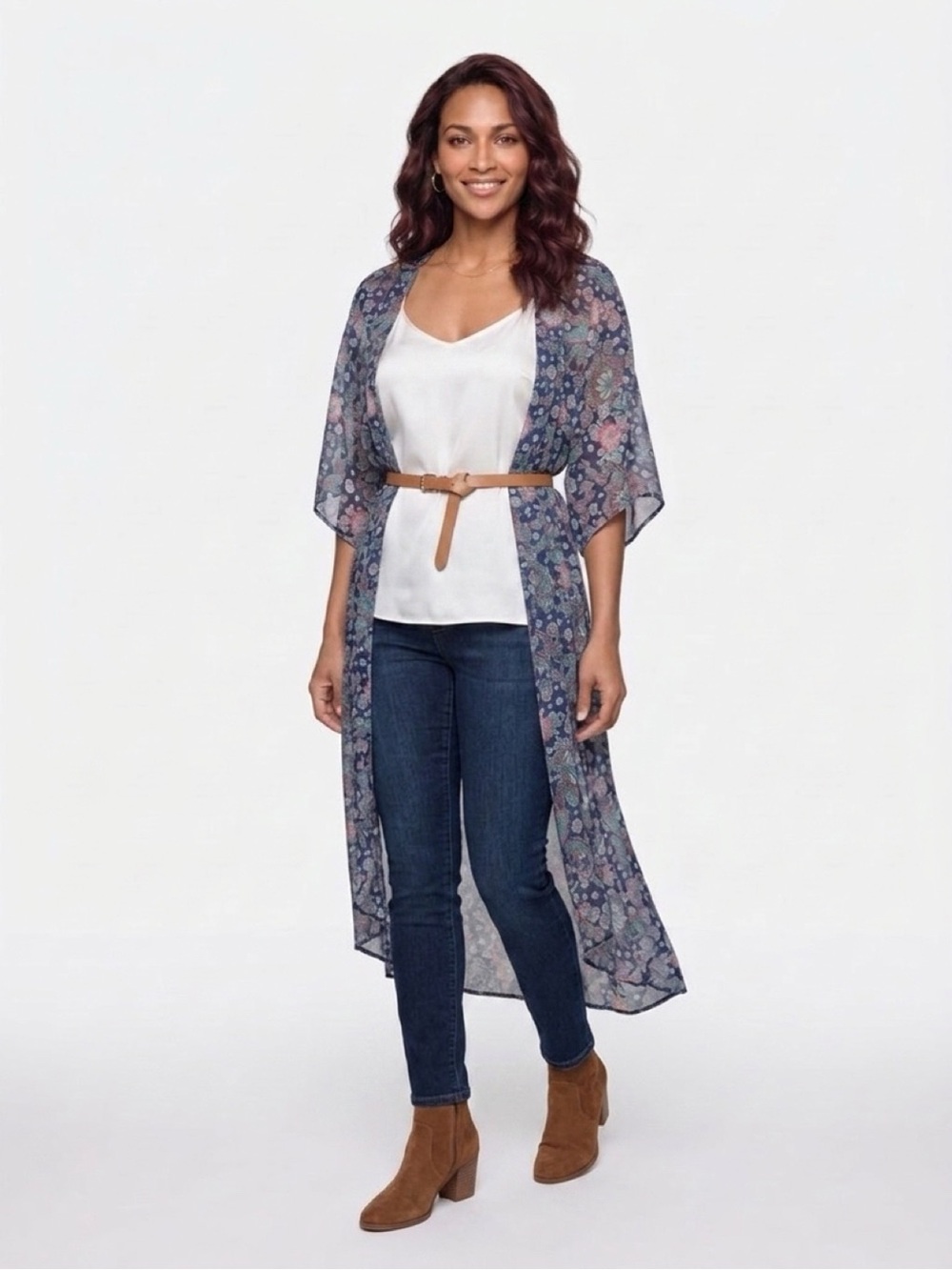 one clothing Paisley Print Duster in Navy, Teal, Pink